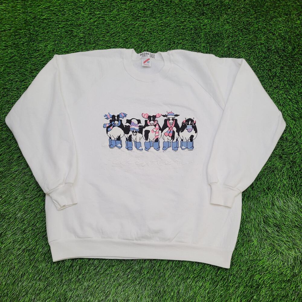 Vintage 80s Funny Cow Sweatshirt Women 2XL 24x26 Baggy Winter